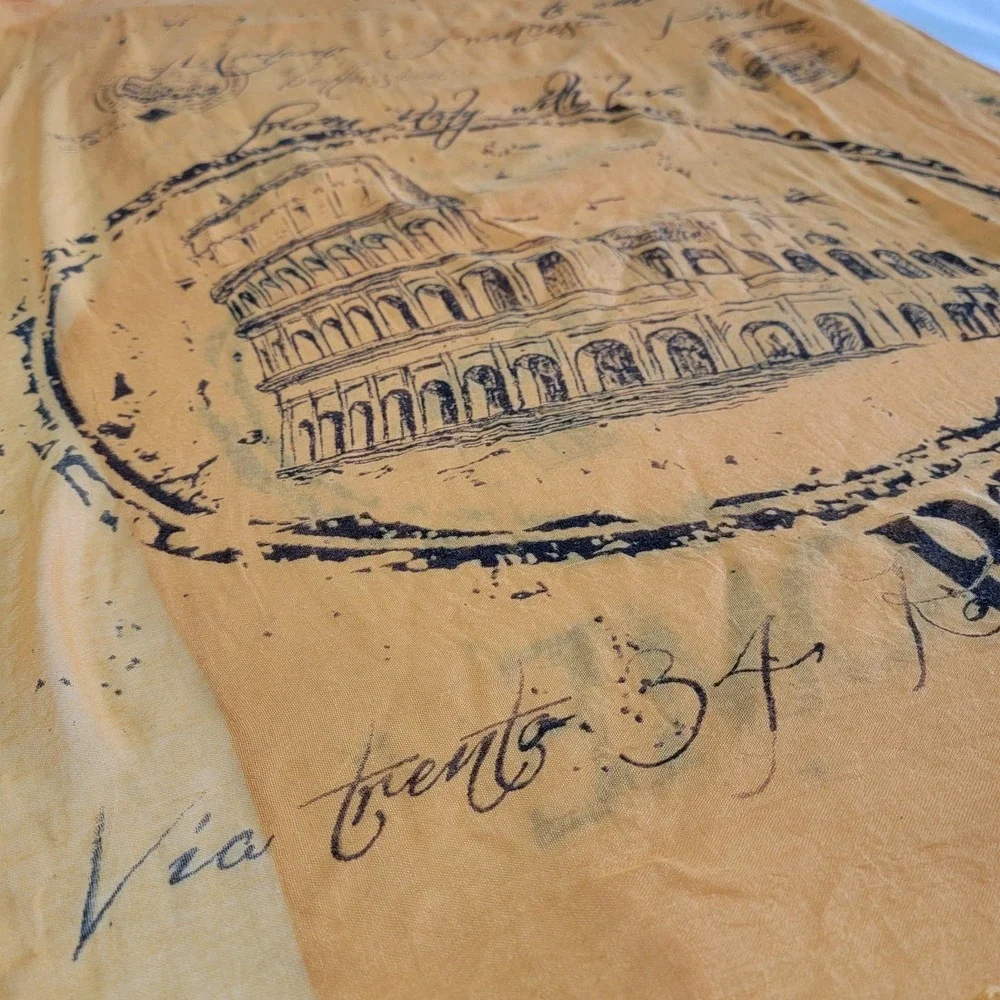 Rome Italy Themed Scarf Mustard Yellow Cotton Blend with a Sheer 70